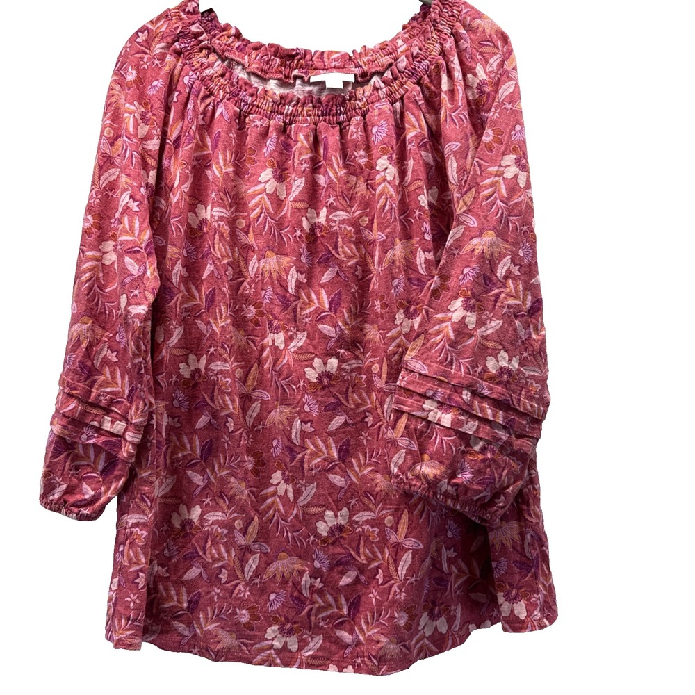 J Jill Womens Top Sz Large Pink Paisley Pintuck Puff 3/4 Sleeves Raglan Pullover